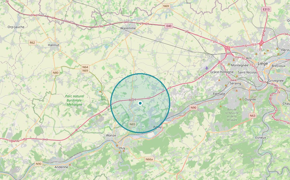Carte de la région : la zone d’intervention est centrée sur Fize-Fontaine, entre Huy, Amay, Verlaine, Saint-Georges-sur-Meuse et Waremme.